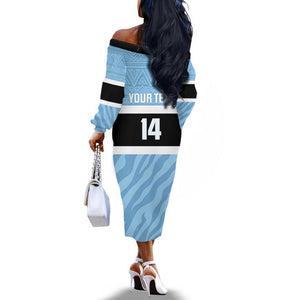 Afro Cricket Botswana Custom Off The Shoulder Long Sleeve Dress Go Baggy Blues Zebra Mascot - African Pride