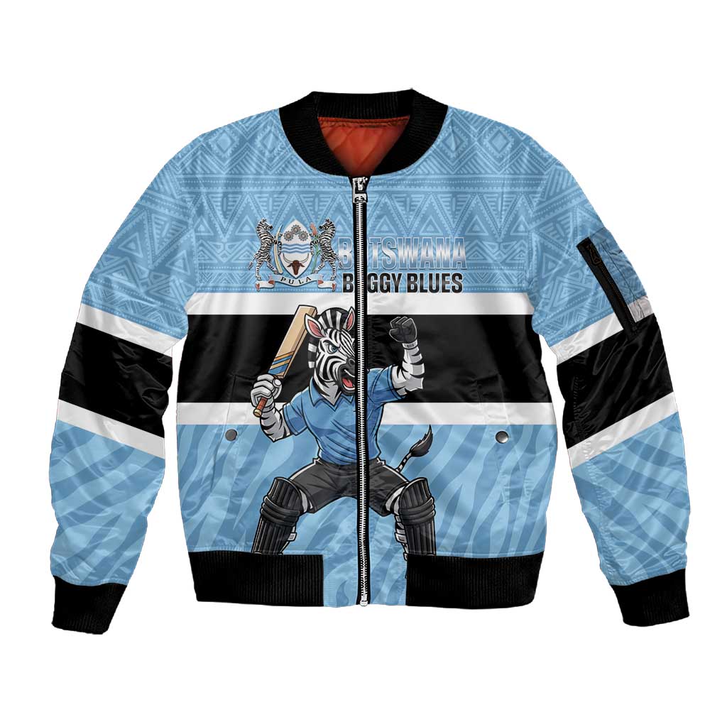 Afro Cricket Botswana Custom Sleeve Zip Bomber Jacket Go Baggy Blues Zebra Mascot - African Pride
