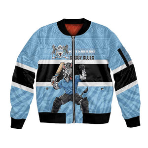 Afro Cricket Botswana Custom Sleeve Zip Bomber Jacket Go Baggy Blues Zebra Mascot - African Pride