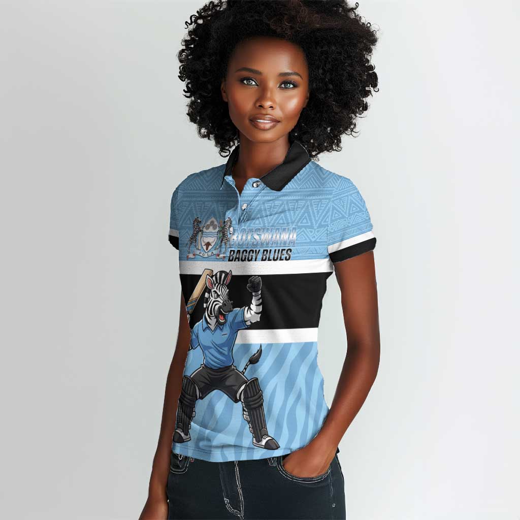 Afro Cricket Botswana Custom Women Polo Shirt Go Baggy Blues Zebra Mascot - African Pride