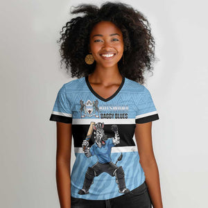 Afro Cricket Botswana Custom Women V-Neck T-Shirt Go Baggy Blues Zebra Mascot - African Pride