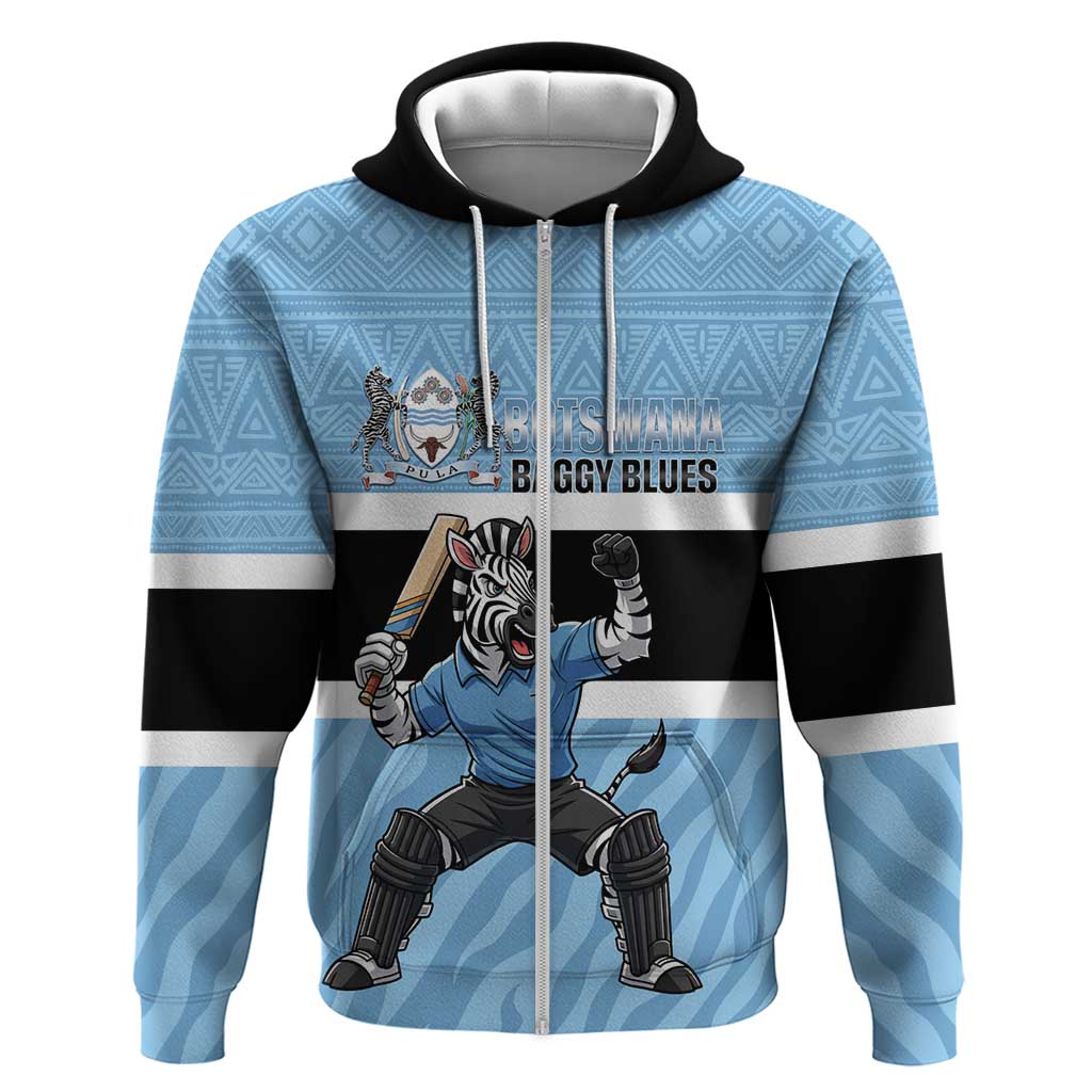 Afro Cricket Botswana Custom Zip Hoodie Go Baggy Blues Zebra Mascot - African Pride
