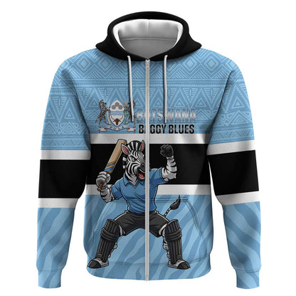 Afro Cricket Botswana Custom Zip Hoodie Go Baggy Blues Zebra Mascot - African Pride