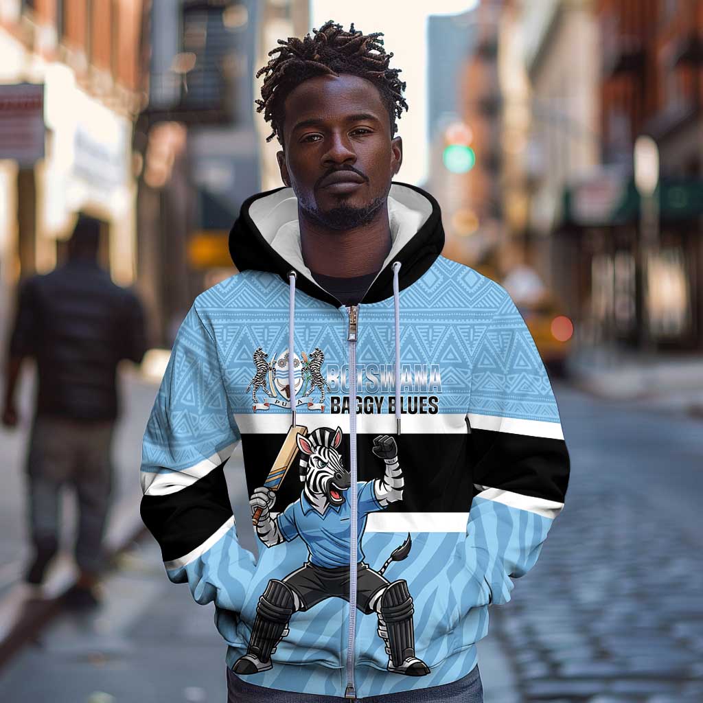 Afro Cricket Botswana Custom Zip Hoodie Go Baggy Blues Zebra Mascot - African Pride