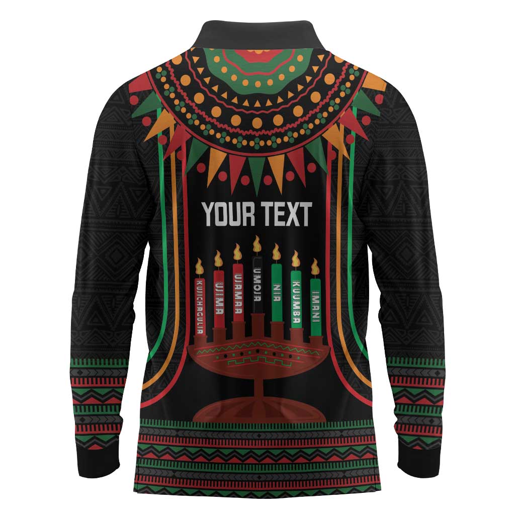 Personalized Afro-American Kwanzaa Long Sleeve Polo Shirt Kinara Candles African Pattern