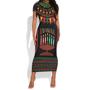 Personalized Afro-American Kwanzaa Short Sleeve Bodycon Dress Kinara Candles African Pattern LT14