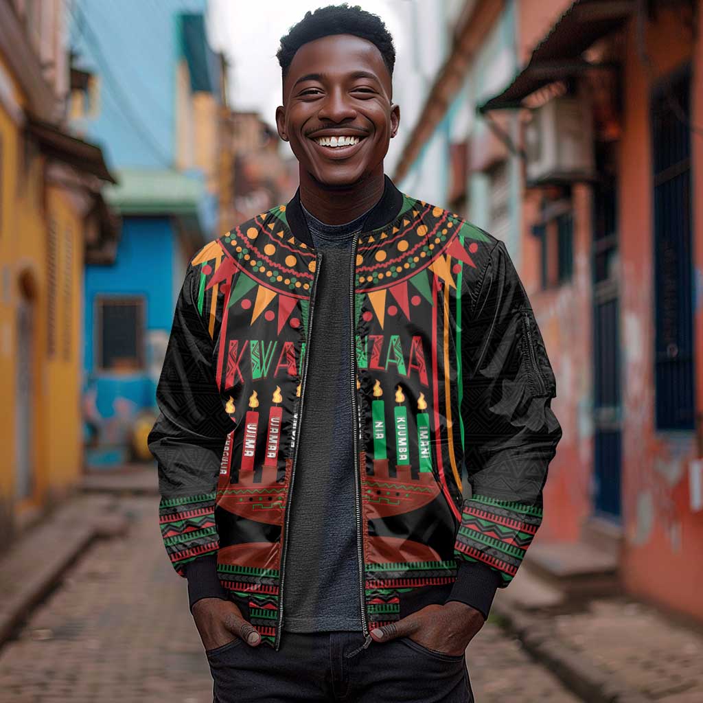 Personalized Afro-American Kwanzaa Sleeve Zip Bomber Jacket Kinara Candles African Pattern