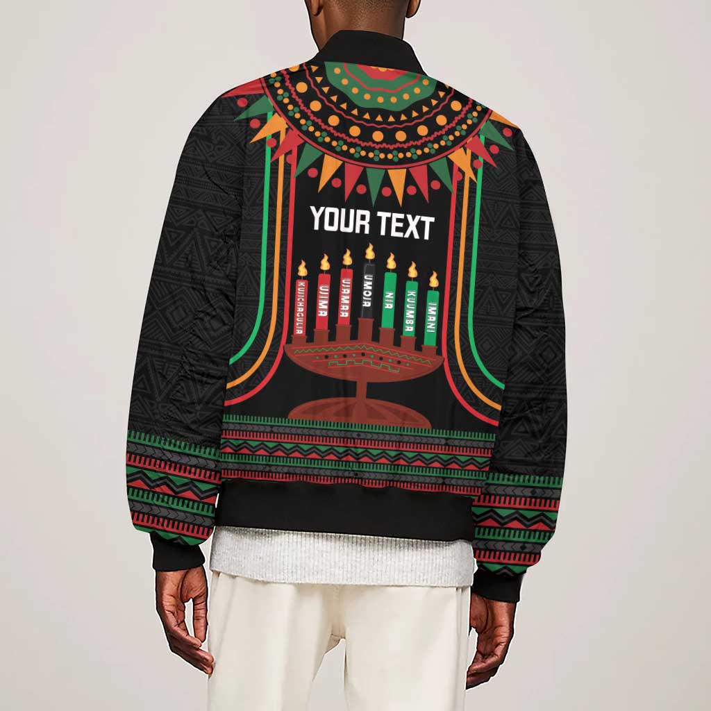 Personalized Afro-American Kwanzaa Sleeve Zip Bomber Jacket Kinara Candles African Pattern