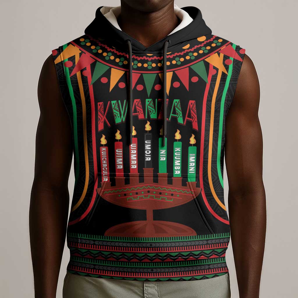 Personalized Afro-American Kwanzaa Sleeveless Hoodie Kinara Candles African Pattern - African Pride