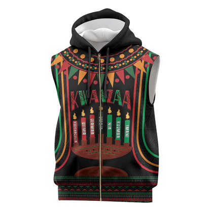 Personalized Afro-American Kwanzaa Sleeveless Zip Hoodie Kinara Candles African Pattern - African Pride