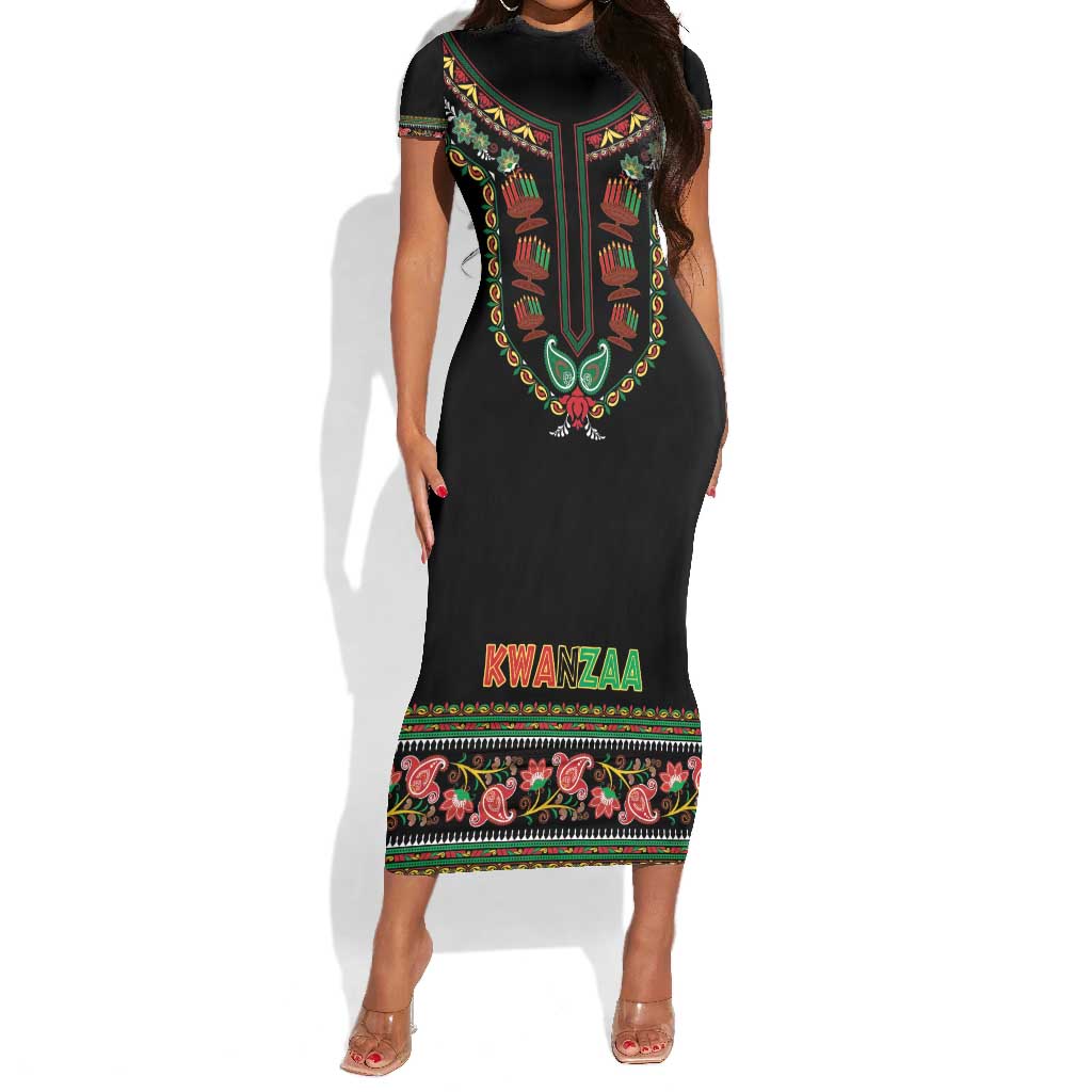Personalized Afro-American Kwanzaa Short Sleeve Bodycon Dress Dashiki Mix Paisley Pattern LT14