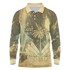 Personalized Afro Haiti Le Saut Long Sleeve Polo Shirt Ayiti Waterfall Vintage Grunge Style - African Pride