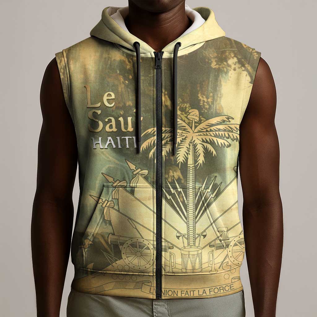Personalized Afro Haiti Le Saut Sleeveless Zip Hoodie Ayiti Waterfall Vintage Grunge Style - African Pride