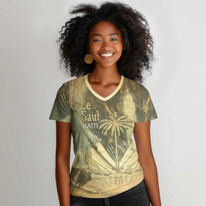 Personalized Afro Haiti Le Saut Women V-Neck T-Shirt Ayiti Waterfall Vintage Grunge Style - African Pride
