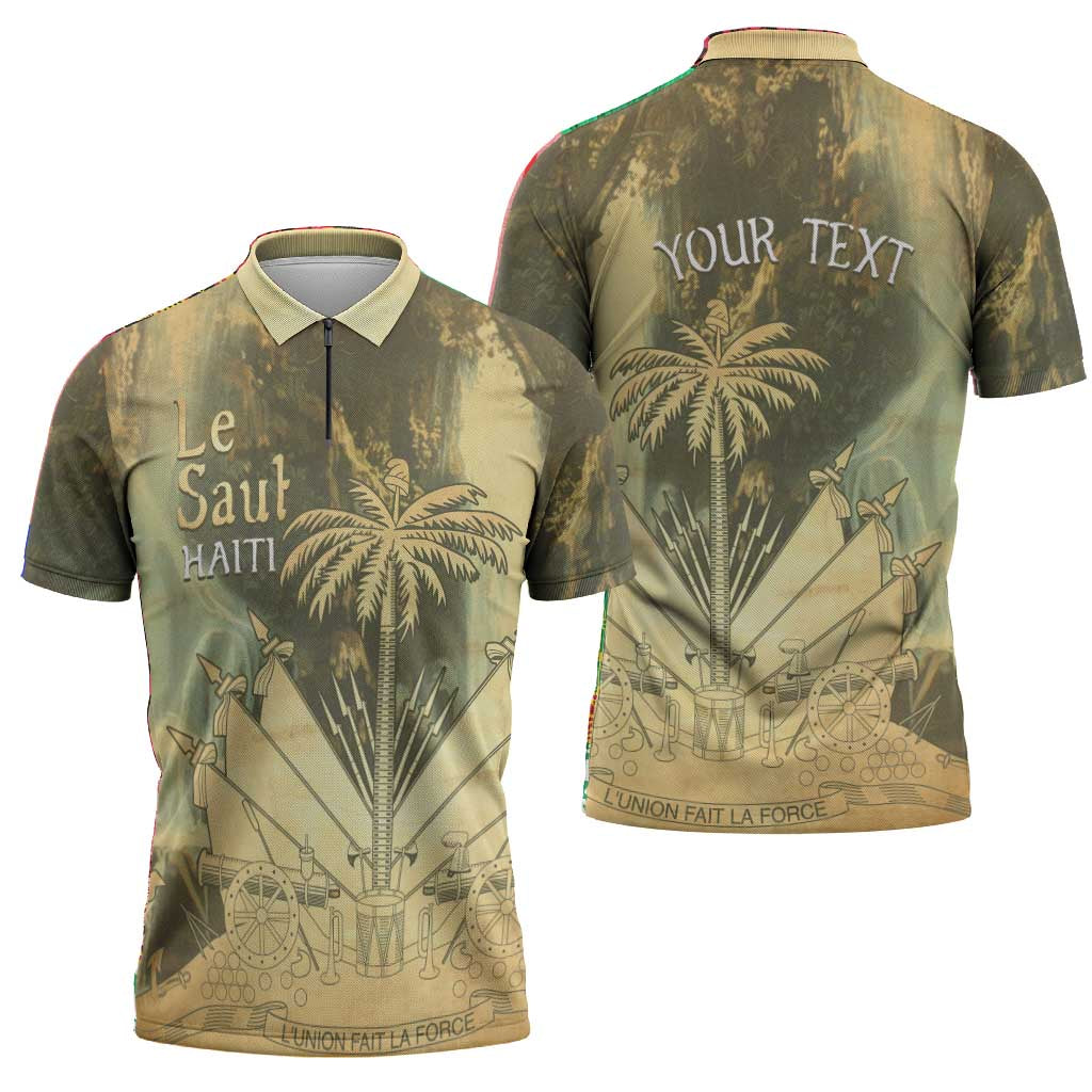Personalized Afro Haiti Le Saut Zipper Polo Shirt Ayiti Waterfall Vintage Grunge Style - African Pride