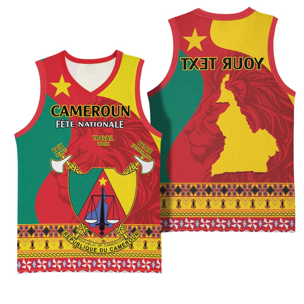 Personalised Cameroon National Day Basketball Jersey Cameroun Coat Of Arms With Atoghu Pattern - African Pride