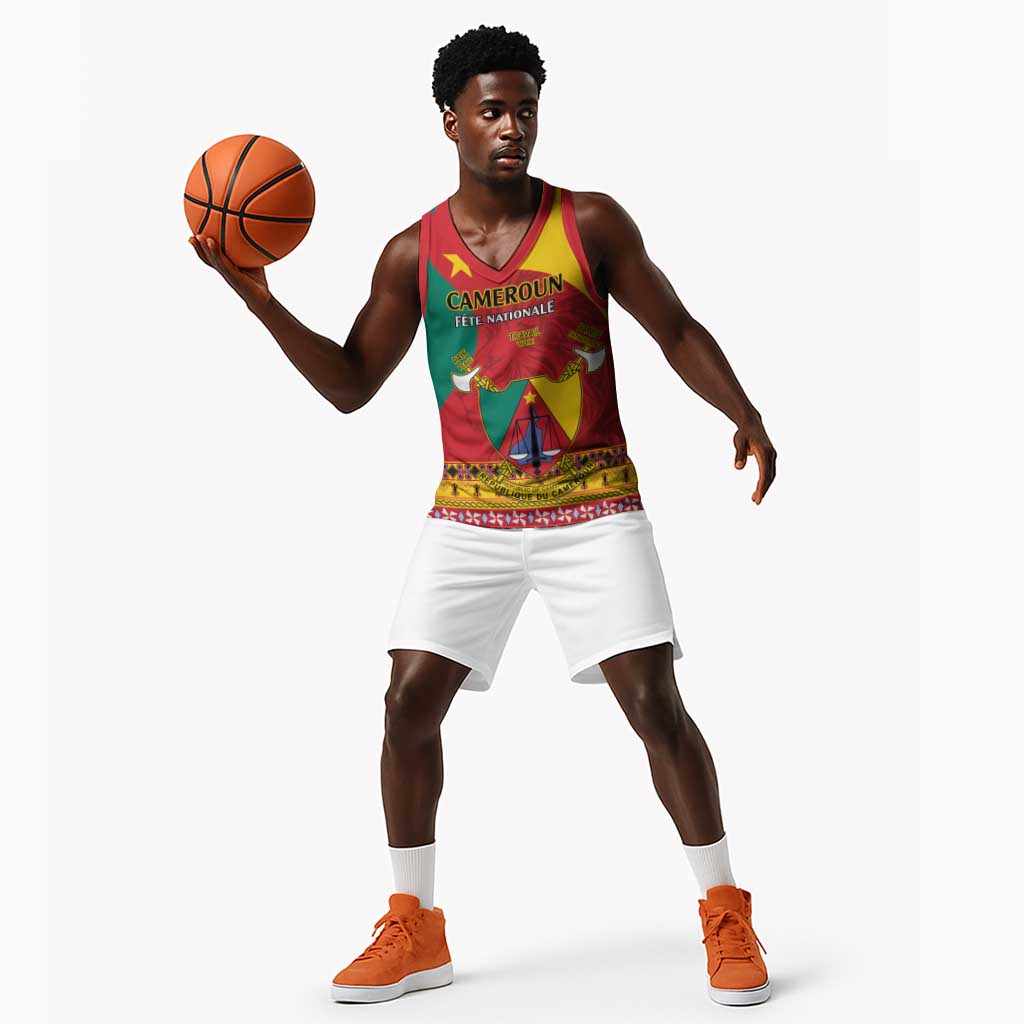 Personalised Cameroon National Day Basketball Jersey Cameroun Coat Of Arms With Atoghu Pattern - African Pride