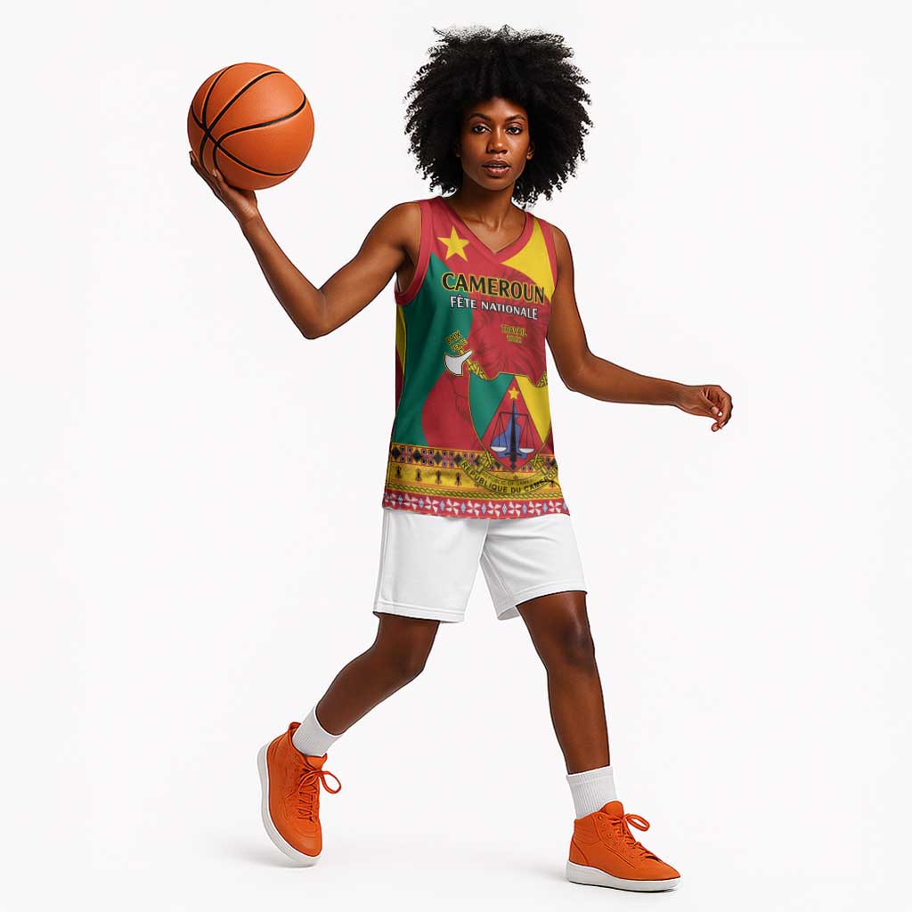 Personalised Cameroon National Day Basketball Jersey Cameroun Coat Of Arms With Atoghu Pattern - African Pride