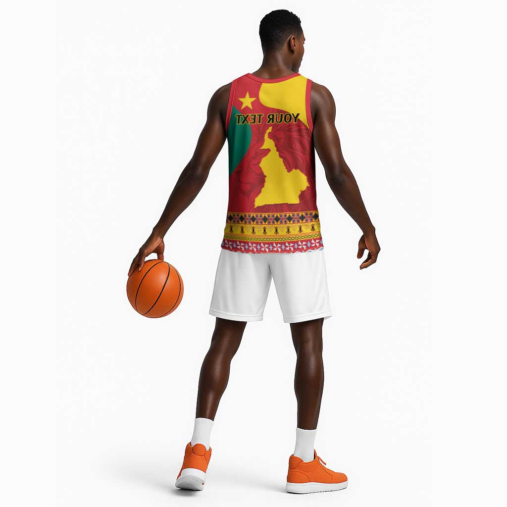 Personalised Cameroon National Day Basketball Jersey Cameroun Coat Of Arms With Atoghu Pattern - African Pride