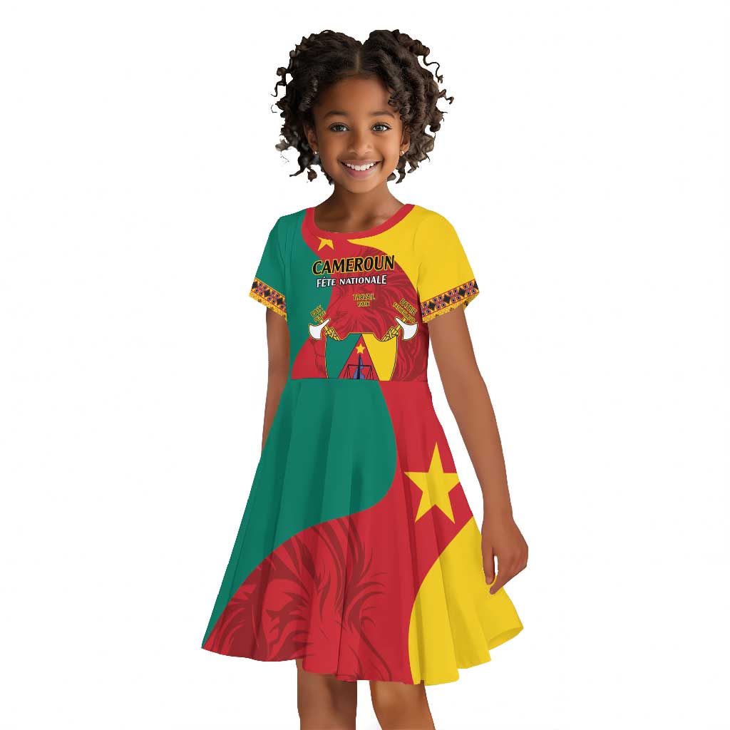 Personalised Cameroon National Day Kid Short Sleeve Dress Cameroun Coat Of Arms With Atoghu Pattern