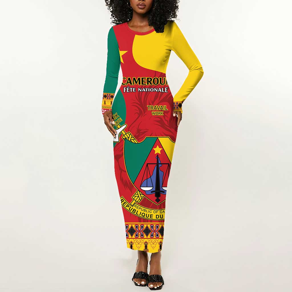 Personalised Cameroon National Day Long Sleeve Bodycon Dress Cameroun Coat Of Arms With Atoghu Pattern LT14