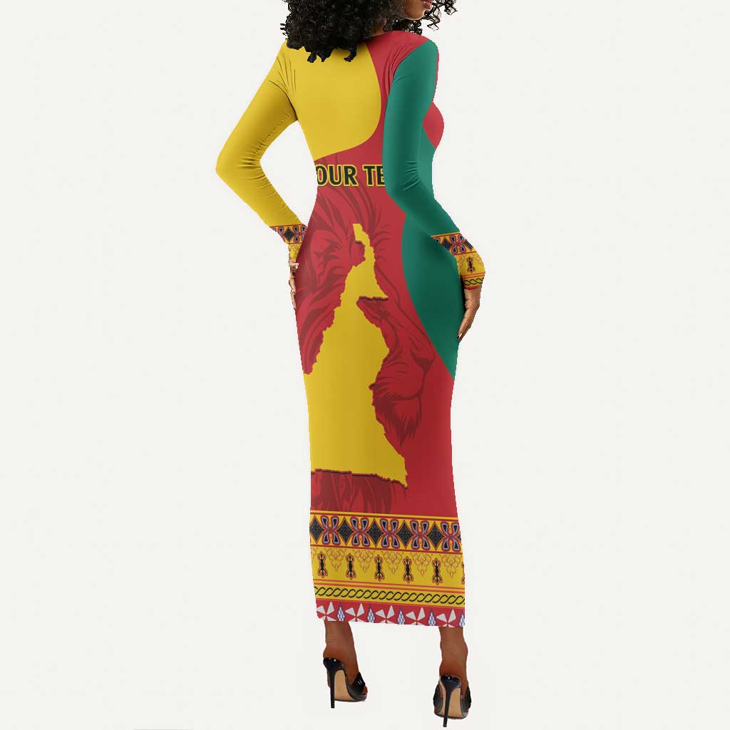 Personalised Cameroon National Day Long Sleeve Bodycon Dress Cameroun Coat Of Arms With Atoghu Pattern LT14
