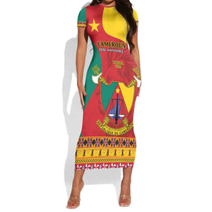 Personalised Cameroon National Day Short Sleeve Bodycon Dress Cameroun Coat Of Arms With Atoghu Pattern LT14