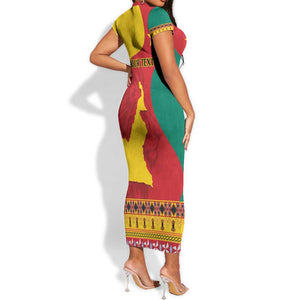 Personalised Cameroon National Day Short Sleeve Bodycon Dress Cameroun Coat Of Arms With Atoghu Pattern LT14