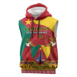 Personalised Cameroon National Day Sleeveless Hoodie Cameroun Coat Of Arms With Atoghu Pattern - African Pride