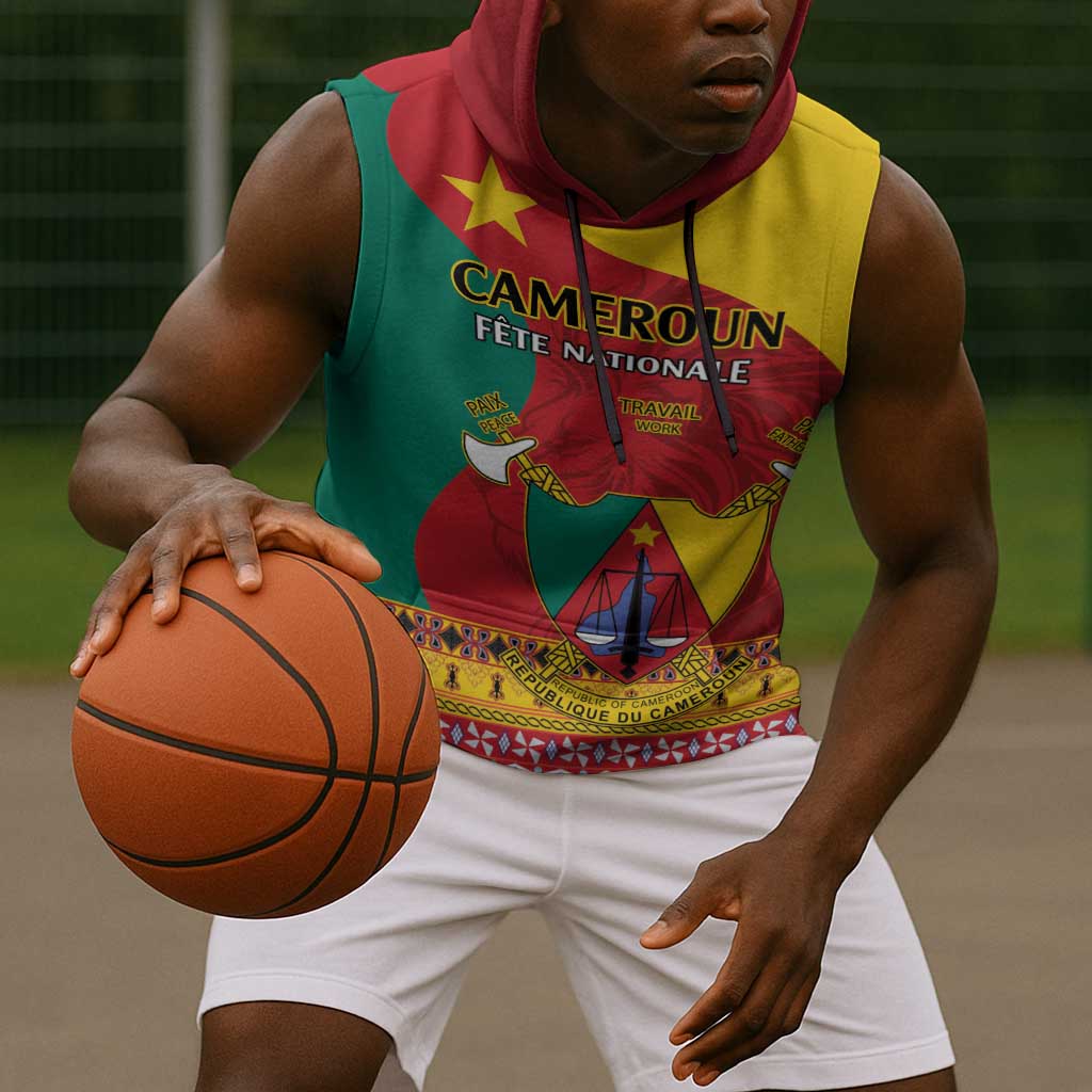 Personalised Cameroon National Day Sleeveless Hoodie Cameroun Coat Of Arms With Atoghu Pattern - African Pride