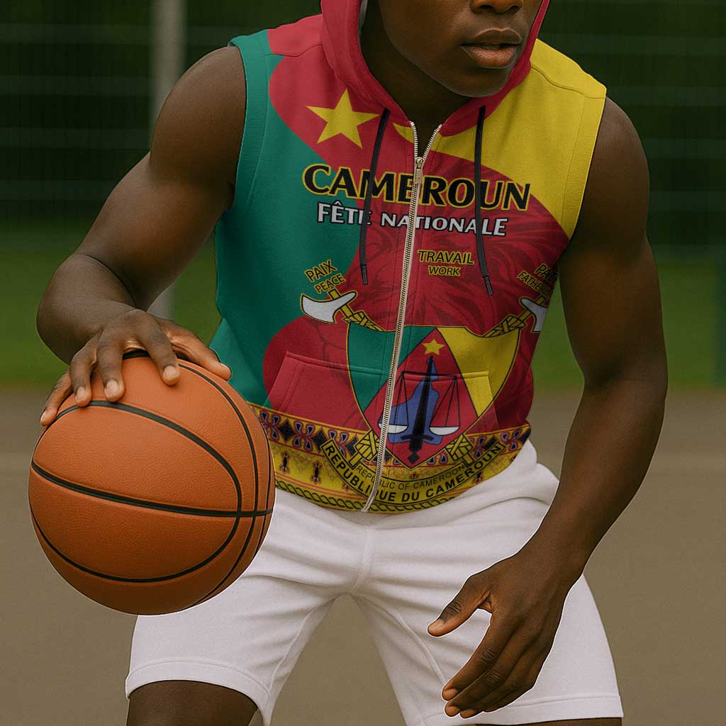 Personalised Cameroon National Day Sleeveless Zip Hoodie Cameroun Coat Of Arms With Atoghu Pattern - African Pride