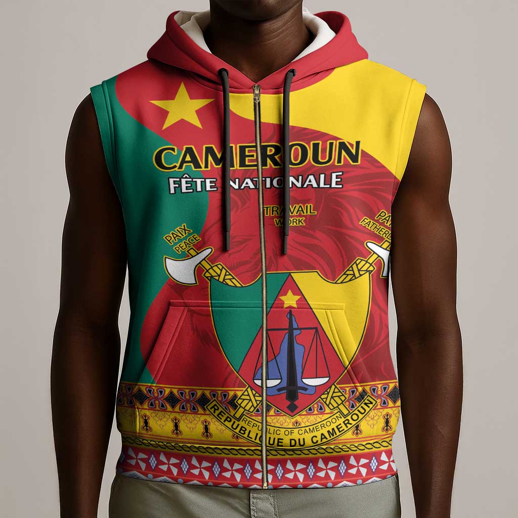 Personalised Cameroon National Day Sleeveless Zip Hoodie Cameroun Coat Of Arms With Atoghu Pattern - African Pride