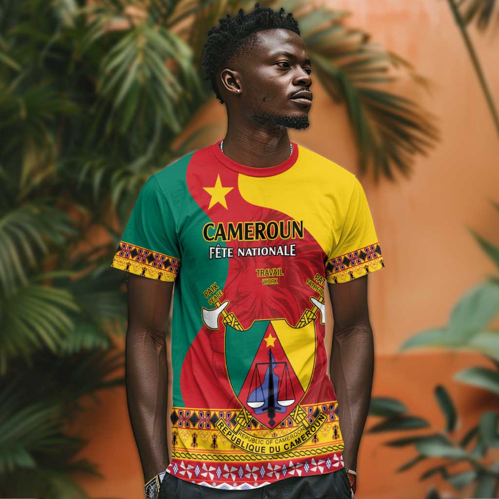 Personalised Cameroon National Day T shirt Cameroun Coat Of Arms With Atoghu Pattern