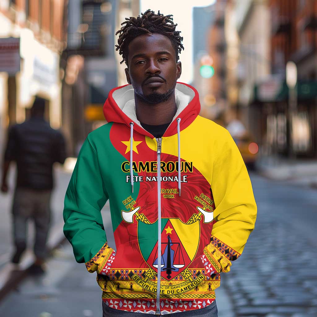 Personalised Cameroon National Day Zip Hoodie Cameroun Coat Of Arms With Atoghu Pattern
