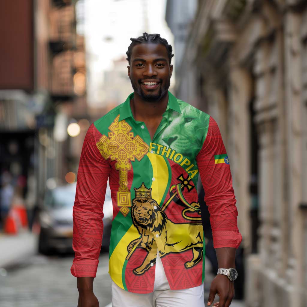 Ethiopia National Day Long Sleeve Button Shirt Ethiopia Lion of Judah African Pattern