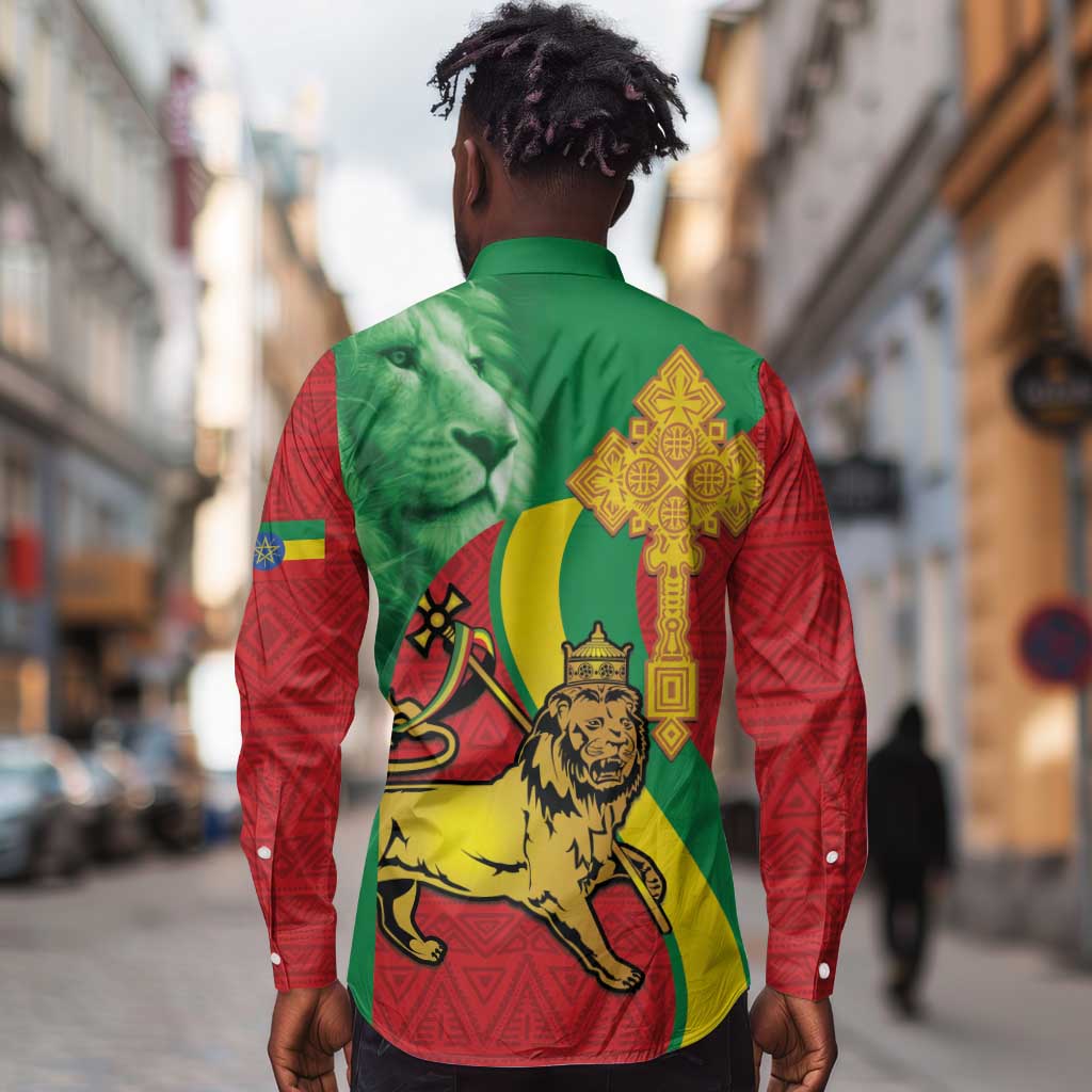 Ethiopia National Day Long Sleeve Button Shirt Ethiopia Lion of Judah African Pattern