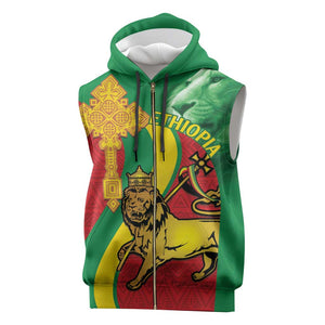 Ethiopia National Day Sleeveless Zip Hoodie Ethiopia Lion of Judah African Pattern - African Pride