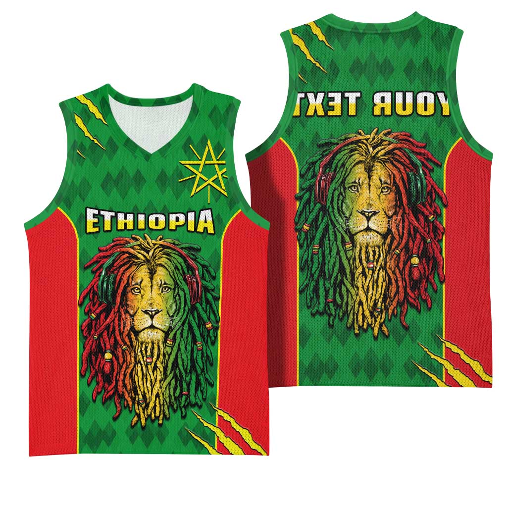 Personalised Ethiopia Basketball Jersey Men's Dreadlock Rasta Lion Headphones - African Pride
