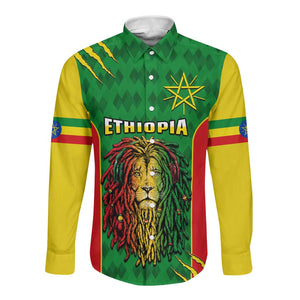 Personalised Ethiopia Long Sleeve Button Shirt Men's Dreadlock Rasta Lion Headphones