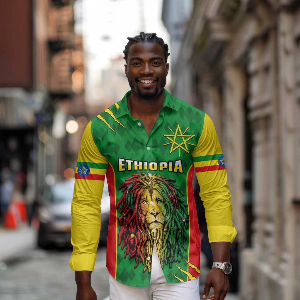 Personalised Ethiopia Long Sleeve Button Shirt Men's Dreadlock Rasta Lion Headphones