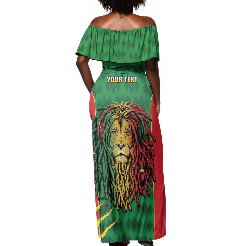 Personalised Ethiopia Off Shoulder Maxi Dress Men's Dreadlock Rasta Lion Headphones