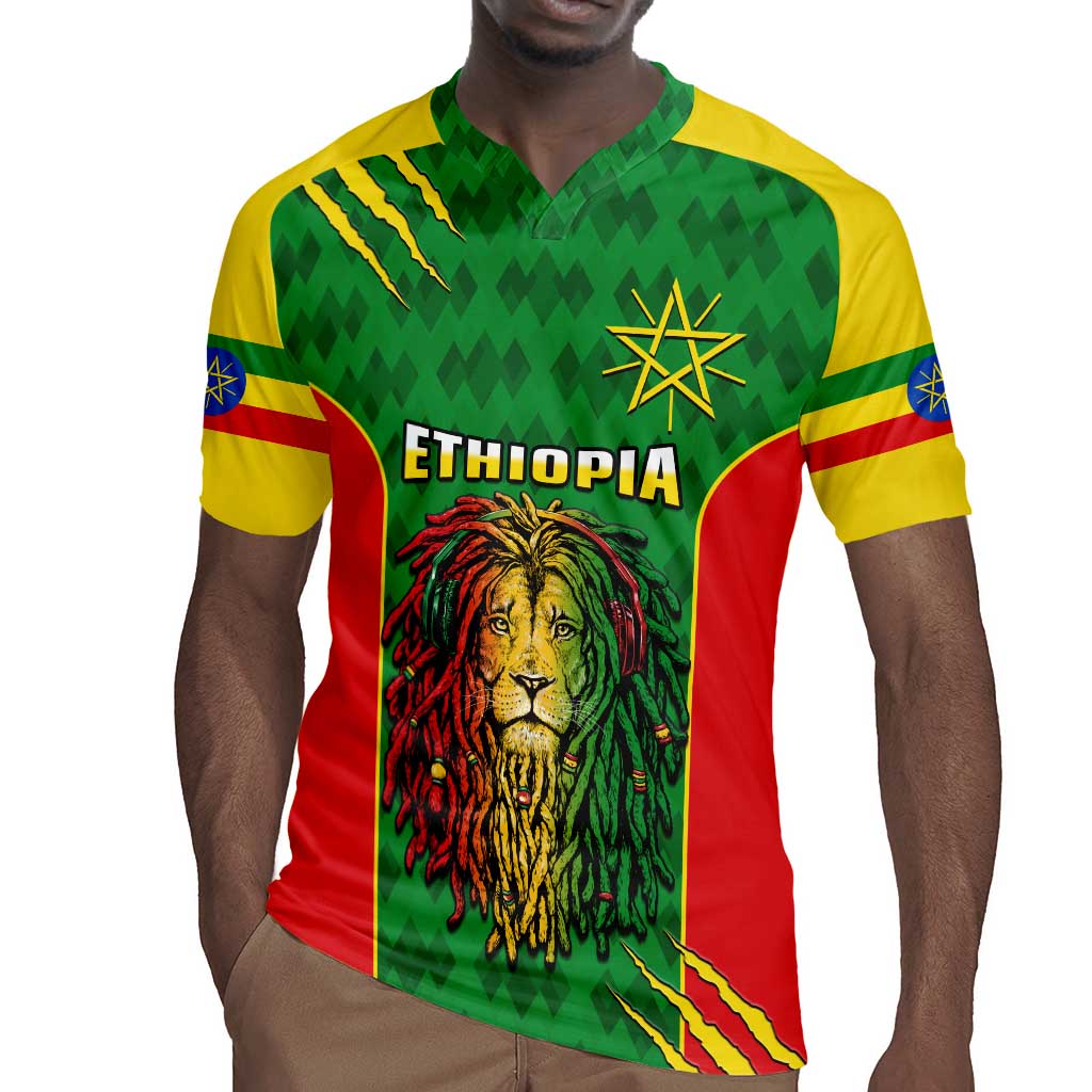 Personalised Ethiopia Rugby Jersey Men's Dreadlock Rasta Lion Headphones