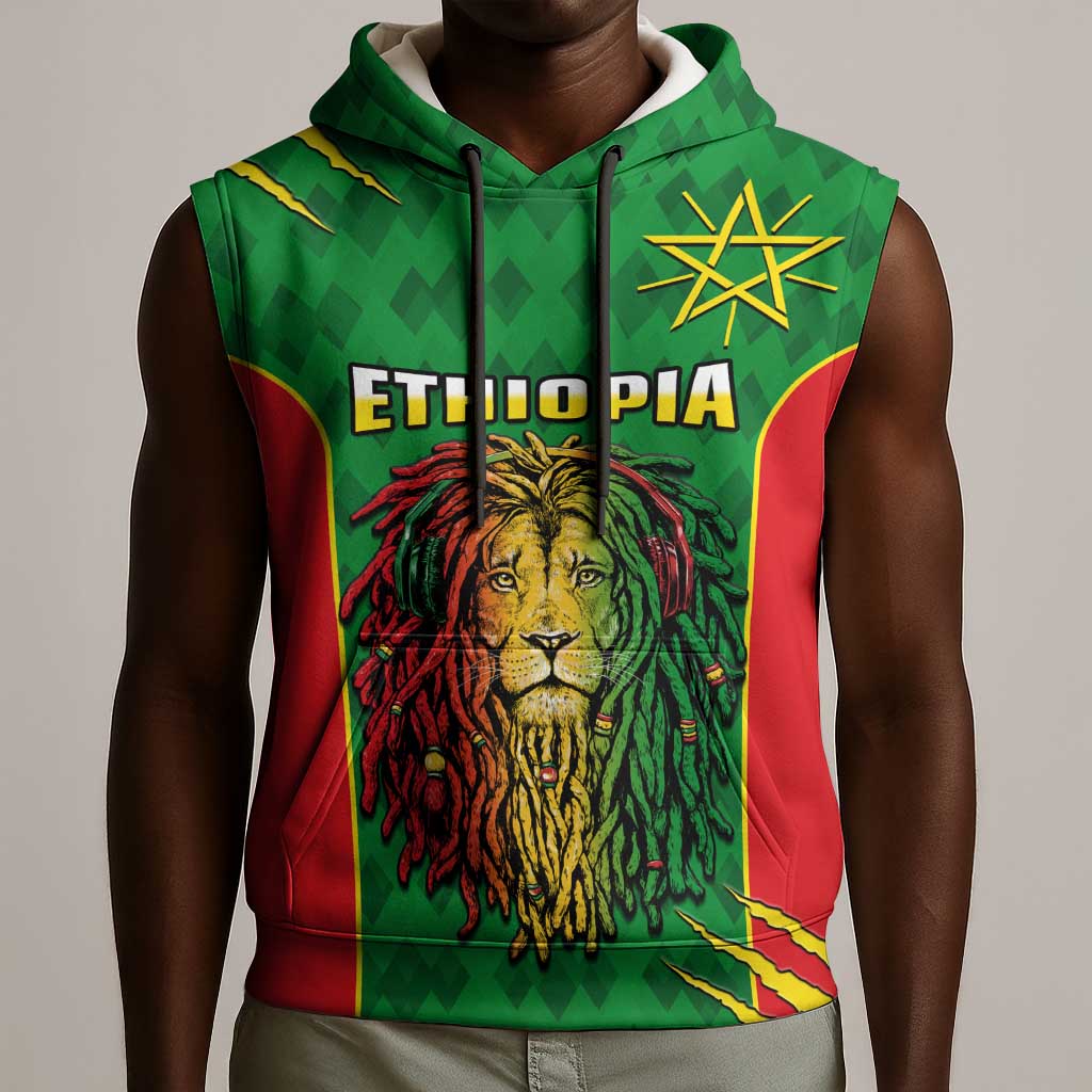 Personalised Ethiopia Sleeveless Hoodie Men's Dreadlock Rasta Lion Headphones - African Pride