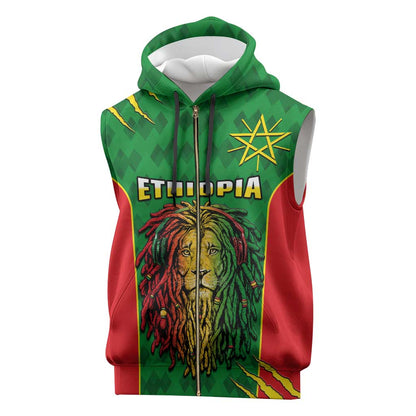 Personalised Ethiopia Sleeveless Zip Hoodie Men's Dreadlock Rasta Lion Headphones - African Pride