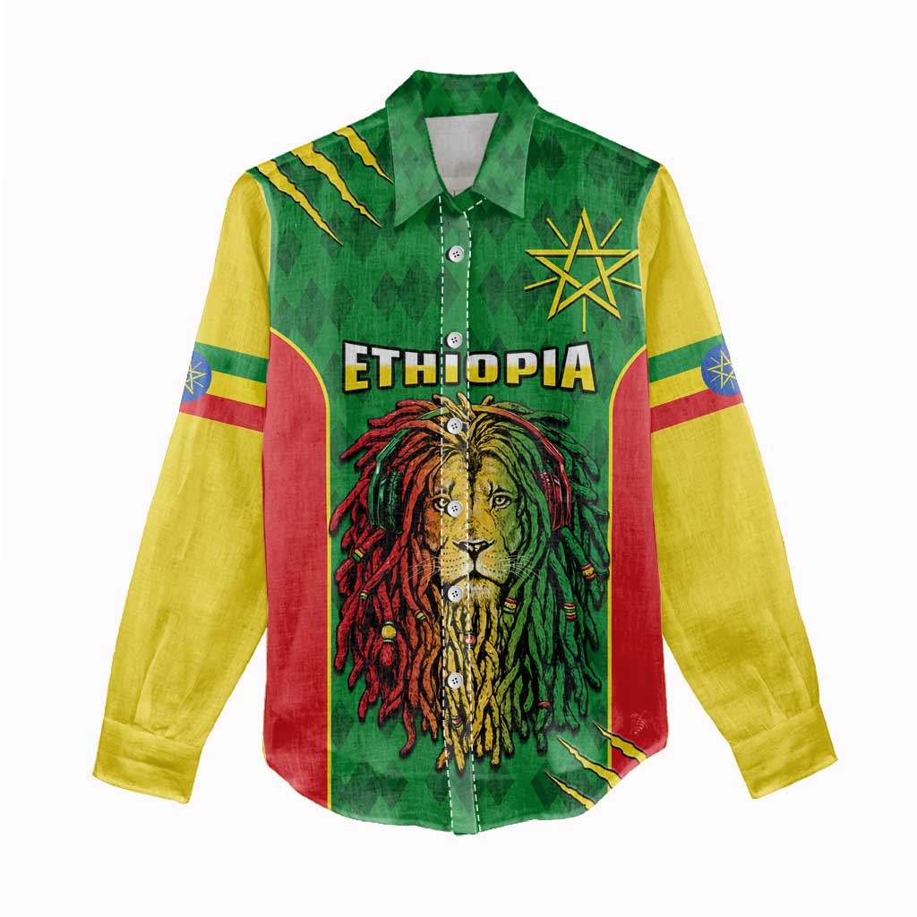 Personalised Ethiopia Women Casual Shirt Men's Dreadlock Rasta Lion Headphones LT14