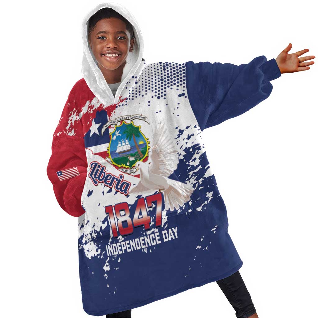 Afro Liberia 1847 Independence Day Kid Wearable Blanket Hoodie Coat Of Arms Grunge Style