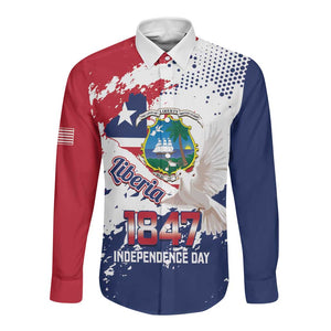 Afro Liberia 1847 Independence Day Long Sleeve Button Shirt Coat Of Arms Grunge Style
