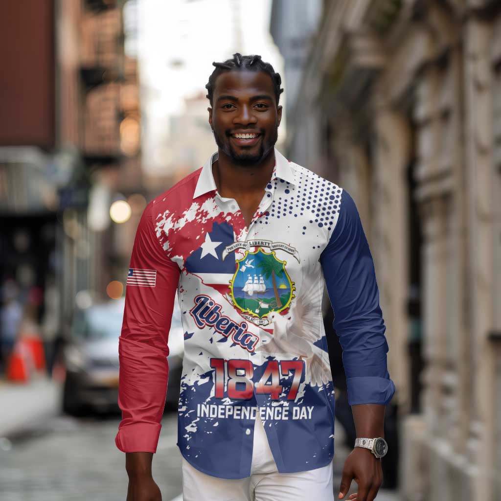 Afro Liberia 1847 Independence Day Long Sleeve Button Shirt Coat Of Arms Grunge Style