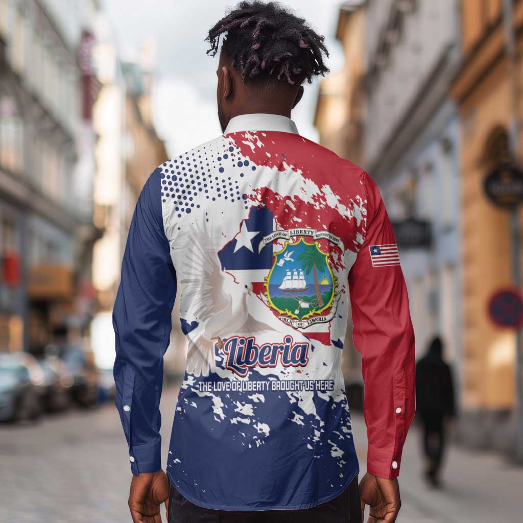 Afro Liberia 1847 Independence Day Long Sleeve Button Shirt Coat Of Arms Grunge Style