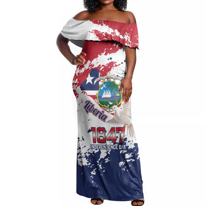 Afro Liberia 1847 Independence Day Off Shoulder Maxi Dress Coat Of Arms Grunge Style